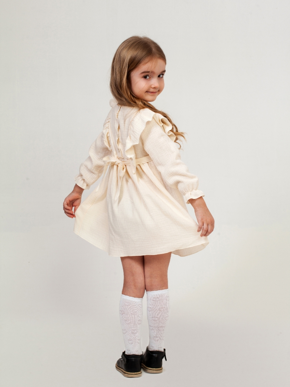 321-СЛ. Платье из муслина детское, хлопок 100% сливочный, р. 98,104,110,116