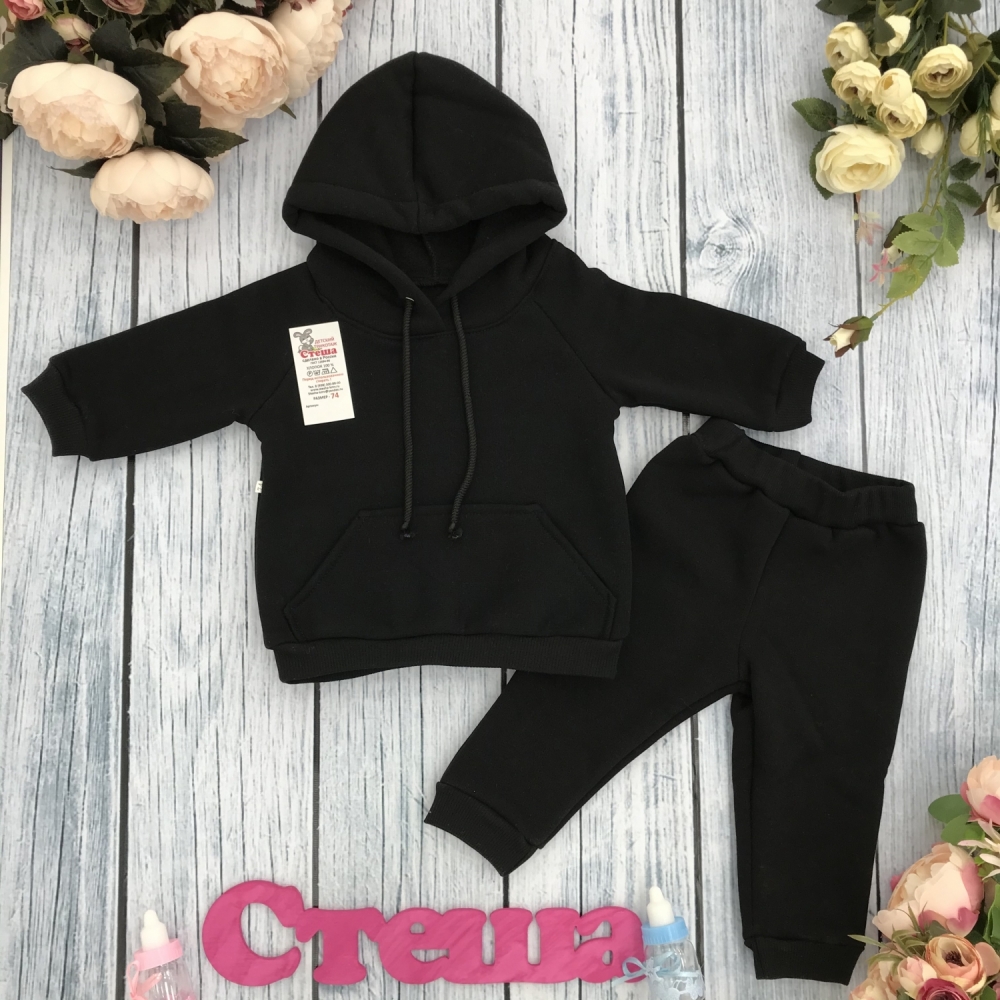 296-Ч. Свитшот с капюшоном + Штаны, хлопок 65%, 35% ПЭ, 3-х нитка (начес) черный 122,128,134,140