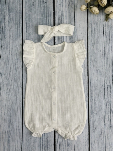 Купить оптом 341-МО. Песочник с повязкой для девочки из муслина, хлопок 100%, р 62,68,74,80 молочный в Астрахани